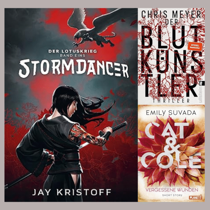 Drei Cover auf grauem Hintergrund.
Jay Kristoff: Der Lotuskrieg -Stormdancer: Cover schwarzer Hintergrund mit roten Lotusblüten, im Vordergrund eine Samurai die ihr Schwert zieht und ein Greif im Flug.
Chris Meyer: Der Blutkünstler: Weißes Cover mit roten Adern und der Titel in schwarz und groß geschrieben.
Emily Suvada: Cat & Cole - Vergessene Wunden: Beiges Cover mit einer großen orangenen Blüte und Name und Titel in schwarz, weiß und orange.