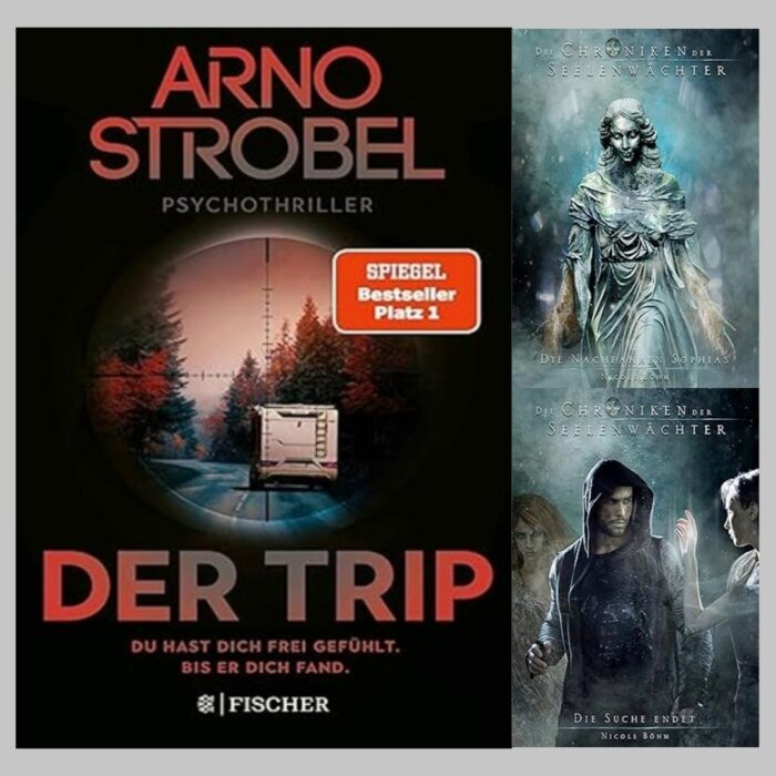 Leseupdate 08.12.-14.12.2025. 3 Cover. Arno Strobel: Der Trip: Ein Wohnwagen auf einer Straße im Vordergrund ein Fadenkreuz. Nicole Böhm: Die Chroniken der Seelenwächter - Die Nachfahren Sophias: Eine weibliche Statur mit goldenen Harfenseiten an den Armen. Nicole Böhm: Die Chroniken der Seelenwächter - Die Suche endet: Jaydee mit zwei Frauen (vermutlich Lilija und Jess).