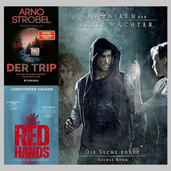 Leseupdate 15.12. - 21.12.2015. Drei Cover. Arno Strobel: Der Trip: Ein Wohnwagen auf der Straße, der von einem Fadenkreuz anvisiert wird. Christopher Golden: Red Hands - Tödliche Berührung: Blaues Cover mit roter Schrift und einer roten Hand. Nicole Böhm: Die Chroniken der Seelenwächter - Die Suche endet: Jaydee umringt von zwei Frauen, wahrscheinlich Lilija und Jess.