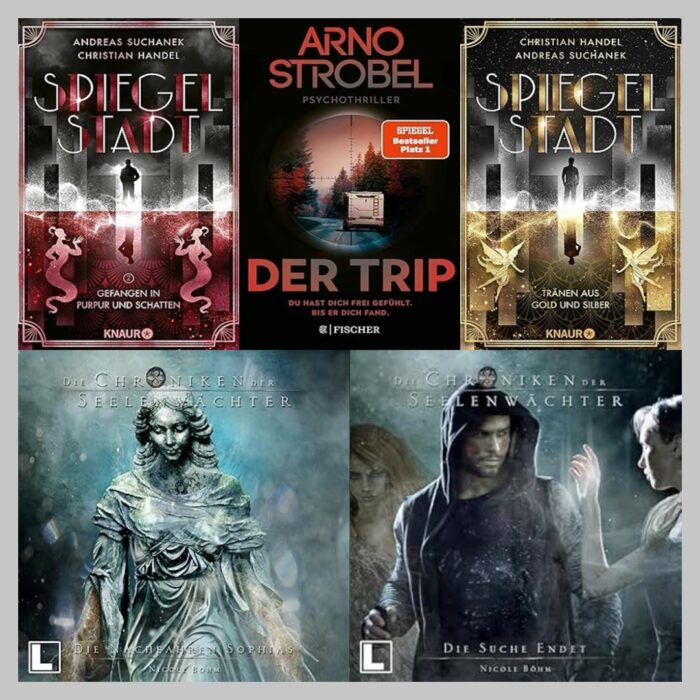 Lesemonat Dezember 2025. 5 Cover. Andreas Suchanek: Spiegelstadt - Gefangen in Purpur und Schatten: Cover in Silber und Rot, oben ein Mann in der Jetzt-Zeit und unten ein Mann aus den 20iger Jahren, außerdem zwei Dschinn. Nicole Böhm: Die Chroniken der Seelenwächter - Die Nachfahren Sophias: Eine weibliche Statur mit goldenen Seiten an den Händen. Arno Strobel: Der Trip: Ein Wohnmobil welches von einem Fadenkreuz anvisiert wird. Nicole Böhm: Die Chroniken der Seelenwächter - Die Suche endet: Jaydee zwischen zwei Frauen. Christian Handel + Andreas Suchanek: Spiegelstadt - Tränen aus Gold und Silber: Cover in Silber und Gold, oben ein Mann der Jetzt-Zeit und unten ein Mann aus den 20iger Jahren, außerdem 2 goldene Feenwesen.