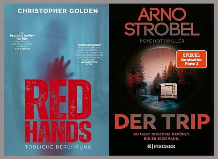 Lesemonat Januar 2026. Zwei Cover. Christopher Golden: Red Hands - Tödliche Berührung: Blaues Cover mit roter Schrift und einer roten Hand. Arno Strobel: Der Trip: Schwarzes Cover mit roter Schrift. Außerdem ein Wohnwagen auf der Straße, anvisiert von einem Fadenkreuz.