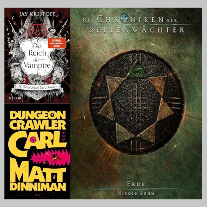 Leseupdate 02.02.2026 - 08.02.2026. Drei Cover. Jay Kristoff: Das Reich der Vampire - A Tale of Blood and Darkness: Ein Wappen, darum sind Löwen, Schlangen, Engel usw. Matt Dinniman: Dungeon Crawler Carl: Großer Schriftzug, mit einem Mann und einer Katze. Nicole Böhm: Die Chroniken der Seelenwächter - Erde: Das Seelenwächterzeichen für Erde.