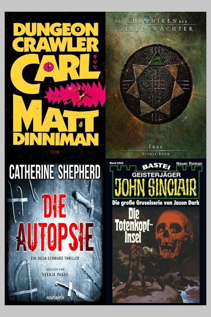 Leseupdate 16.02. - 22.02.2026. 4 Cover. Matt Dinniman: Dungeon Crawler Carl: Schwarzes Cover mit gelber Schrift. Man sieht einen Mann in Boxershorts, Sprengstoff in der Hand und hinter sich eine Katze, diese laufen einen rosa gezackten Gang entlang. Außerdem ist ein rosa Auge in der Schrift integriert und neben dem Schriftzug 3 Totenköpfe, wo einer in rosa ausgemalt ist und die anderen nur rosa umrandet. Nicole Böhm: Die Chroniken der Seelenwächter - Erde: Das Cover ist grün-braun gehalten, mit weißer Schrift. In der mitte ist ein dunkelbrauner Kreis und sieben Dreiecke im Kreis arangiert, der oberste ist in grün, der Rest in hellbraun. Dann gehen noch drei Linien von oben nach unten und von links nach rechts, durch den Kreis. Catherine Shepherd: Die Autopsie: Das Cover ist in schwarz-weiß gehalten. Der Name der Autorin ist in dicken weiß mit schwarzer Umrandung, der Titel in dick und rot mit weißer Umrandung und der Rest in schwarzer dünner Schrift. Im Hintergrund dieht man mehrere Werkzeuge wie Sägen, Haken usw. Jason Dark: Geisterjäger John Sinclair - Die Totenkopf-Insel: Schwarzes Cover mit weißer und gelber Schrift. Man sieht auf einem Felsen zwei Männer kämpfen, im Hintergrund sieht man Wasser und einen roten Totenkopf.