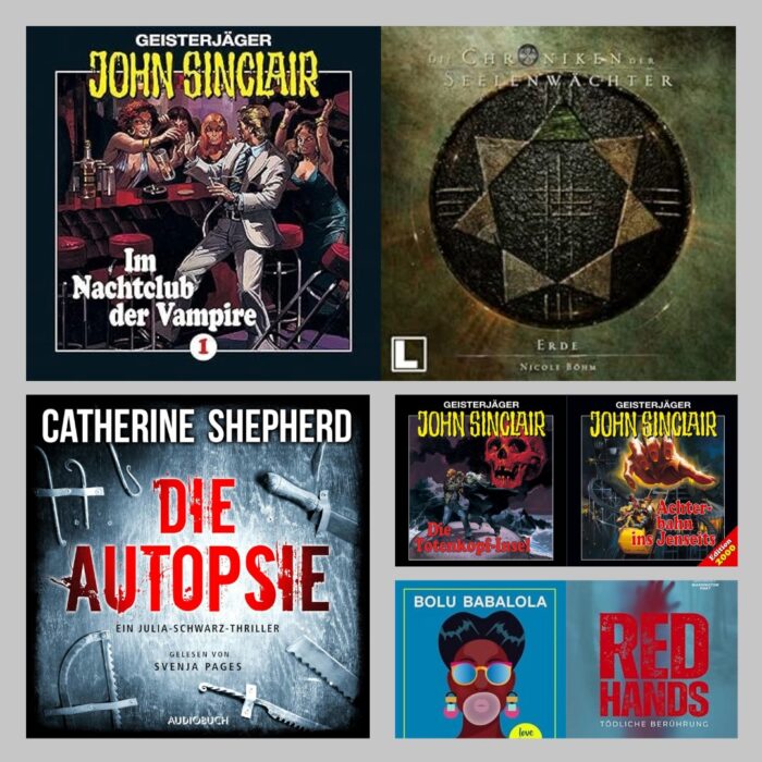 Lesemonat Februar 2026. 7 Cover. Jason Dark: Geisterjäger John Sinclair - Im Nachtclub der Vampire: Ein blonder Mann im weißen Anzug in einer Bar, umringt von drei Vampirinnen. Nicole Böhm: Die Chroniken der Seelenwächter - Erde: Grün-braunes Cover, in der Mitte ein brauner Kreis, darinnen 7 Dreiecke im Kreis drapiert, der ober ist grün, die restlichen in hellbraun. Catherine Shepherd: Die Autopsie: Schwarz-weißes Cover mit Sägen und Haken im Hintergrund. Jason Dark: Geisterjäger John Sinclair - Die Totenkopf-Insel: Dunkles Cover, zwei Männer die gegeneinander kämpfen und ein roter Totenschädel. Jason Dark: Geisterjäger John Sinclair - Achterbahn ins Jenseits: Drei Menschen in einem Achterbahnwagen, über ihnen schwebt eine große Hand. Bolu Babalola: In all deinen Farben: Blaues Cover, darauf ist eine nigerianische Frau mit Sonnenbrille, die eine Kaugummiblase aufbläst. Christopher Golden: Red Hands - Tödliche Berührung: Blaues Cover mit roter Schrift, im Hintergrund sieht man eine rote Hand.