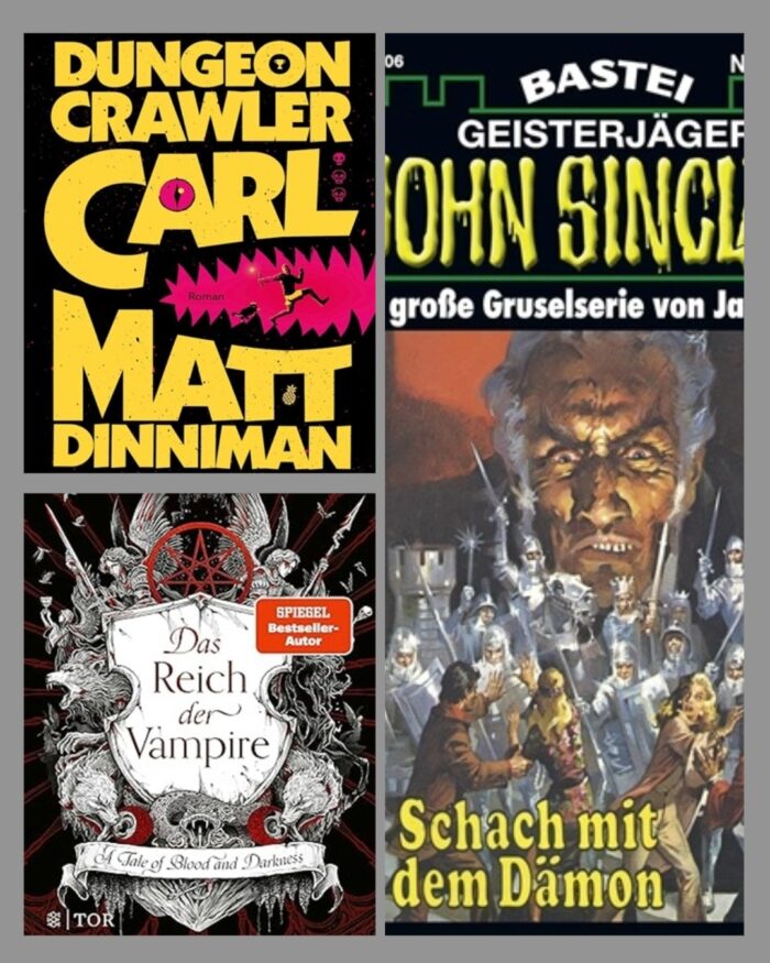 Leseupdate 09.03.2026 – 15.03.2026. Drei Cover. Matt Dinniman: Dungeon Crawler Carl: Schwarzes Cover mit gelber Schrift, darauf ist eine Höhle gezackt in rosa, dadurch laufen eine Katze und ein Mann in Boxershorts und einer Dynamitstange in der Hand. Man sieht ein rosa Auge in der Schrift und drei Totenköpfe, wovon nur einer vollständig ausgefüllt ist. Jay Kristoff: Das Reich der Vampire - A Tale of Blood and Darkness: Ein Wappen, darum sind Löwen, Schlangen, Engel usw. Jason Dark: Geisterjäger John Sinclair - Schach mit dem Dämon: Dunkles Cover mit weißer und gelber Schrift. Man sieht ein Schachspiel mit lebendigen Figuren und den Freunden von John Sinclair, darüber sieht man ein großes Gesicht eines alten Mannes.