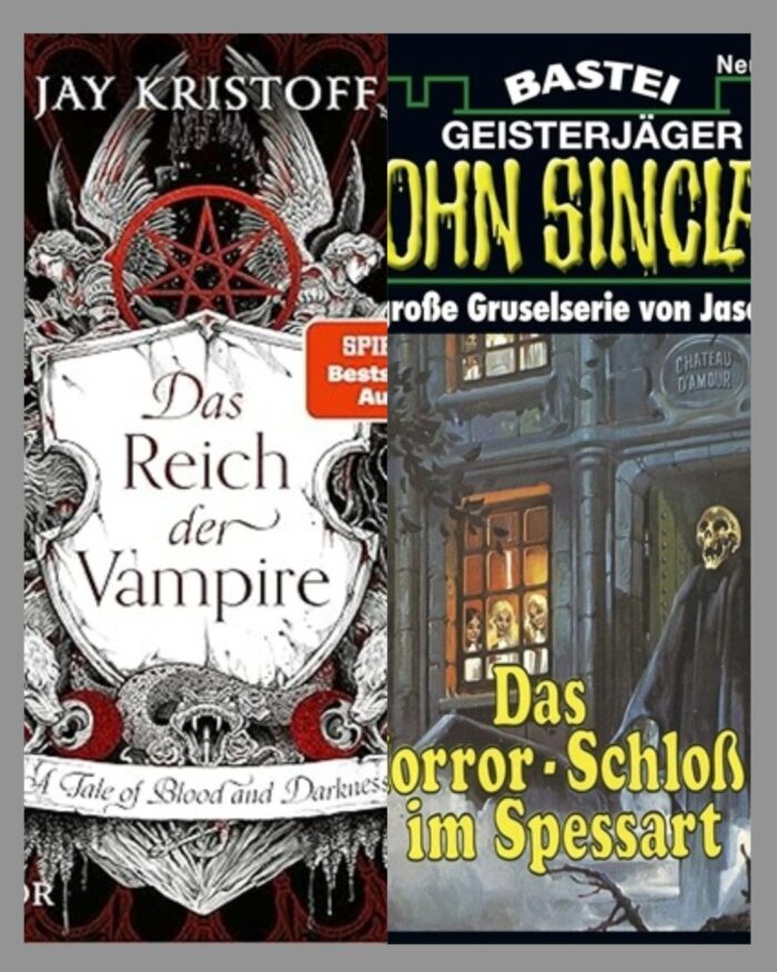 Leseupdate 16.03.2026 - 22.03.2026. Zwei Cover. Jay Kristoff: Das Reich der Vampire - A Tale of Blood and Darkness: Ein Wappen, darum sind Löwen, Schlangen, Engel usw. Jason Dark: Geisterjäger John Sinclair - Das Horror-Schloss im Spessart: Das Cover ist in schwarz gehalten mit weißer und gelber Schrift. Man sieht ein Schloss, im Fenster sind drei Frauen und vor dem Schloss ein Skelett im Umhang.