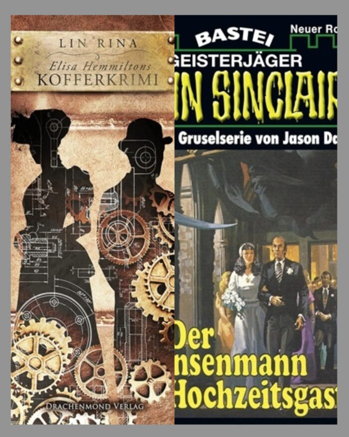 Leseupdate 29.06.-05.07.2026. Zwei Cover. Lin Rina: Elisa Hemmiltons Kofferkrimi: Braun-beiges Cover mit Umrissen von einer Frau und einem Mann in den 1890ern in den Umrissen sind Zahnräder und Bauzeichnungen. Jason Dark: Geisterjäger John Sinclair - Der Sensemann als Hochzeitsgast: Schwarzes Cover mit gelber und weißer Schrift. Man sieht das Brautpaar und die Gäste und über ihnen schwebt ein Sensenmann.
